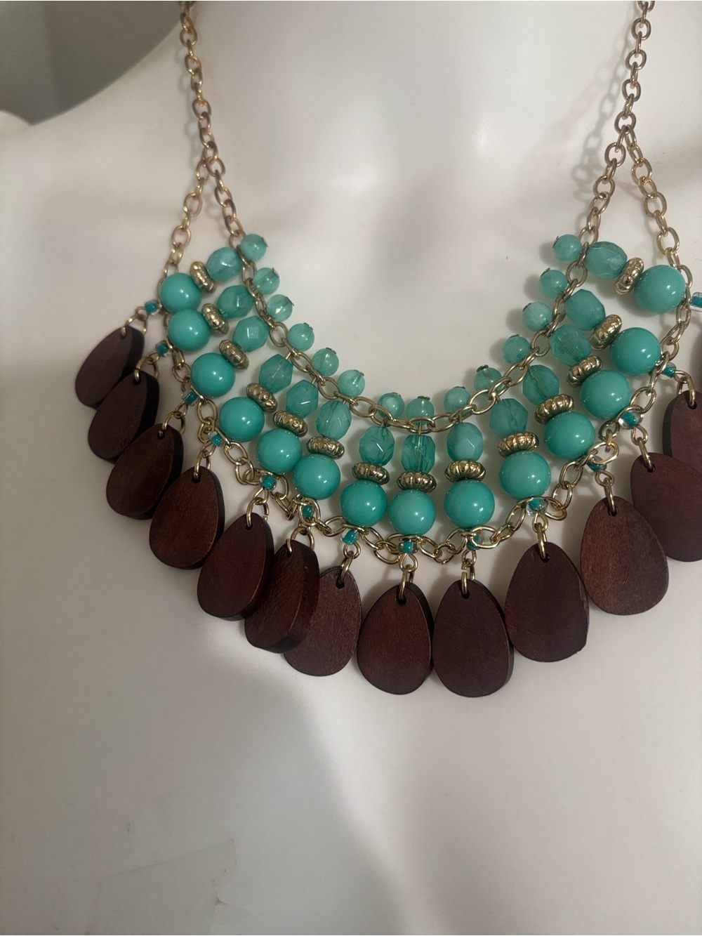 Turquoise Bead and Brown Wood Teardrop Bib Necklace - Picture 6 of 7